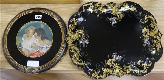 A small Victorian papier mache tray and an early Victorian painted silk panel of two girls (2) Tray- H.34cm, W.43cm